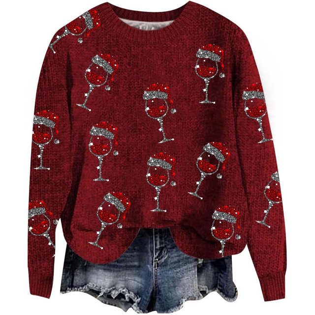 WEAIXIMIUNG Chandails Courts pour Femmes Automne/hiver Mode Chandail d'Extérieur Col Rond Imprimé de Noël Tricot Grossier Chandail à Enfiler Chandail à Capuchon Haut