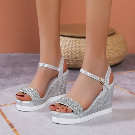 

XIAQUJ Ladies Summer Fashion Breathable Sequin Elegant Wedge Heel Large Size Sandals Sandals for Women Silver 8(40)