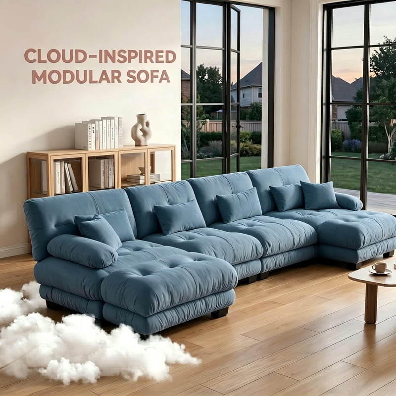 ANPPORT Cloud Couch Sleeper Sofa, Chenille Blue 4-Seater Modular Sofa with 2 Ottomans, 4 Lumbar pillows, 2 Pillows, Comfy Deep Seat Cloud Sofa, Convertible L-Shaped Floor Couch for Living Room