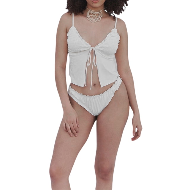Fortune 2pcs Women Ruffles Underwear Set, Sleeveless Ruched Sling Vest+Low Waist Tie Up Thong