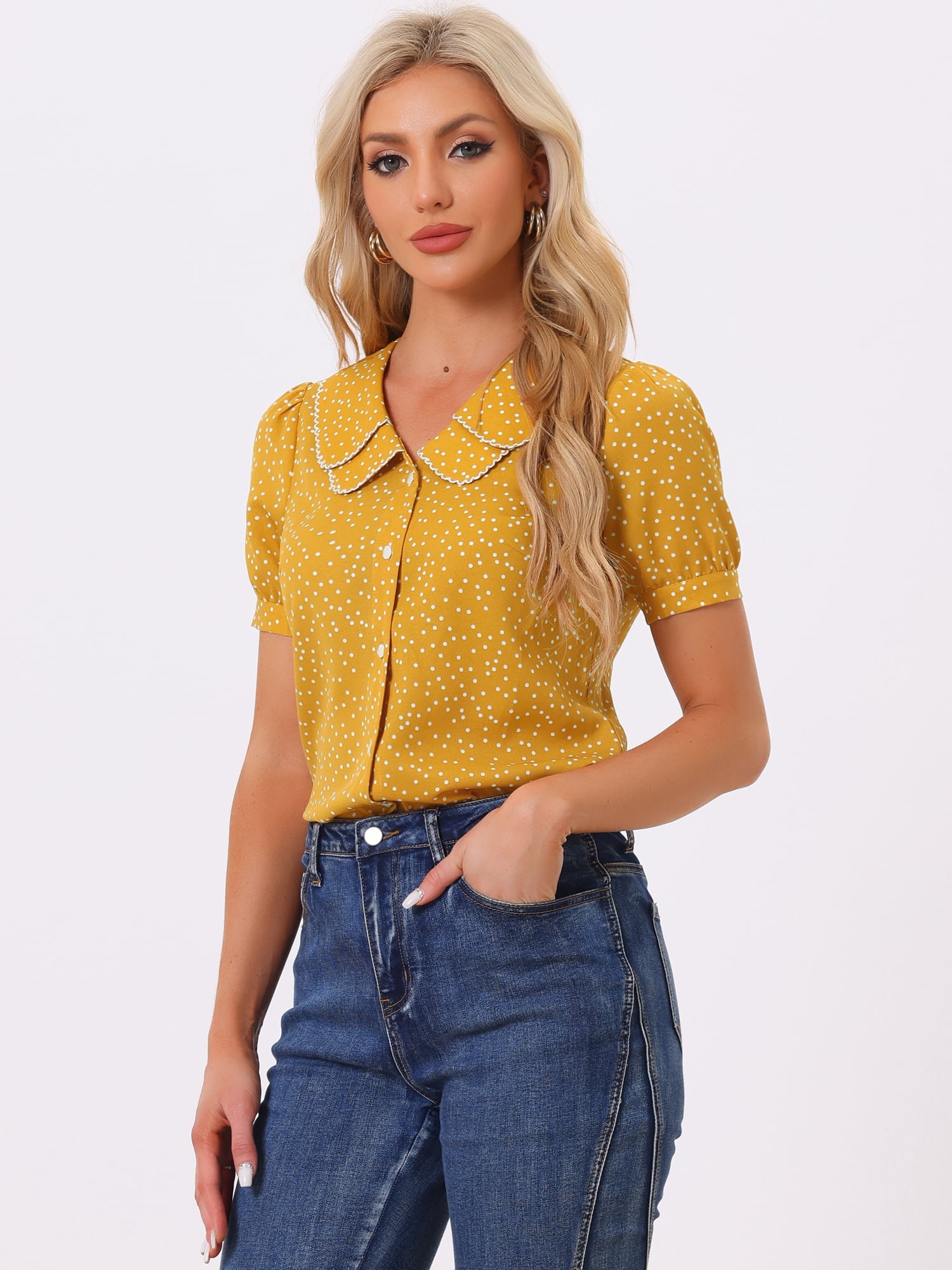 DARING DIVA Women's Polka Dots Peter Pan Collar Puff Sleeve Shirt XS Mustard