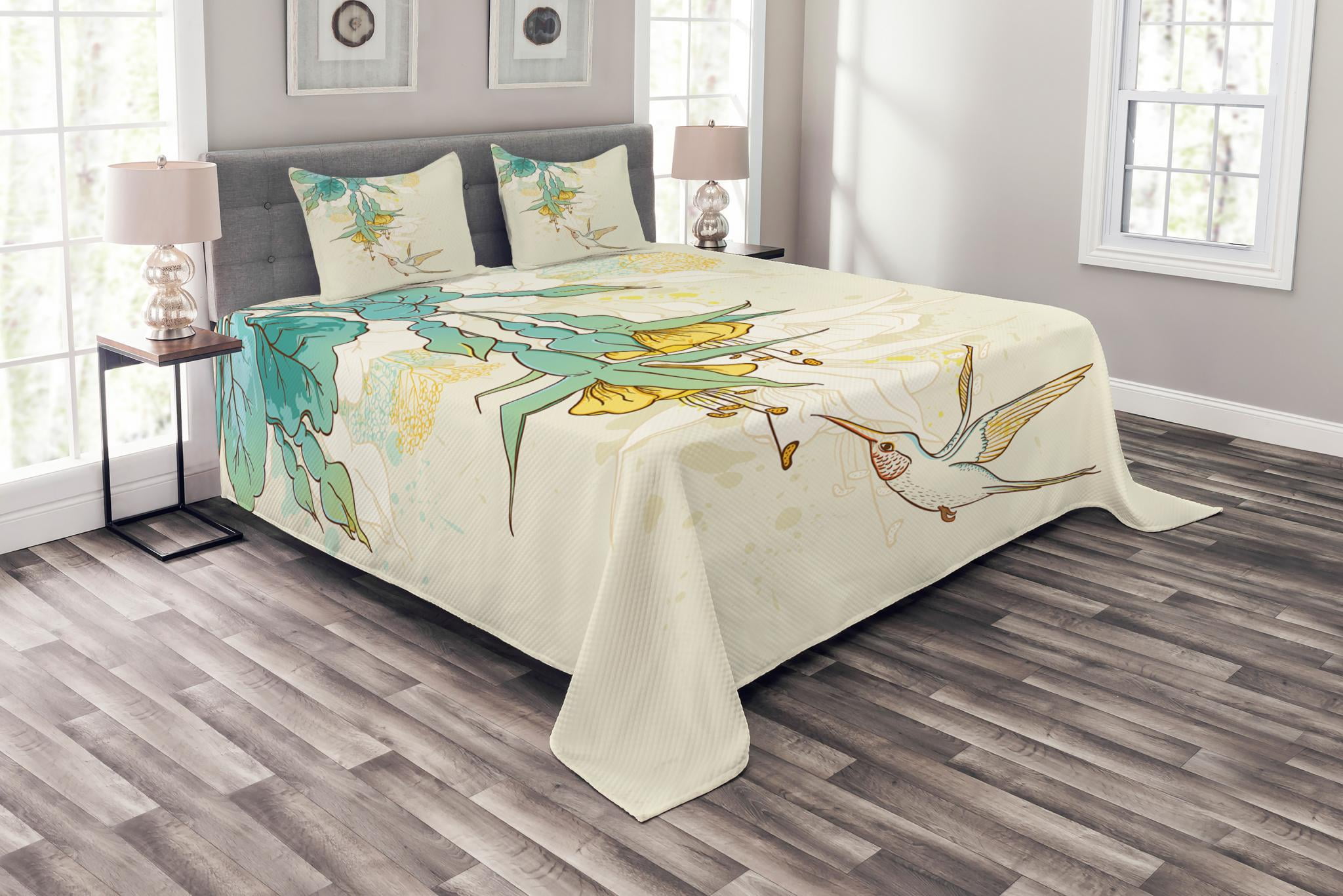 Hummingbird Bedspread Set, Hummingbird and Tropical Flowers Summertime