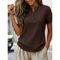 thumbnail image 5 of Henley Shirts for Women Contrast Stitching Short Sleeve Blouse Button Down Stand Collar Tunic Tops Brown XXL, 5 of 6