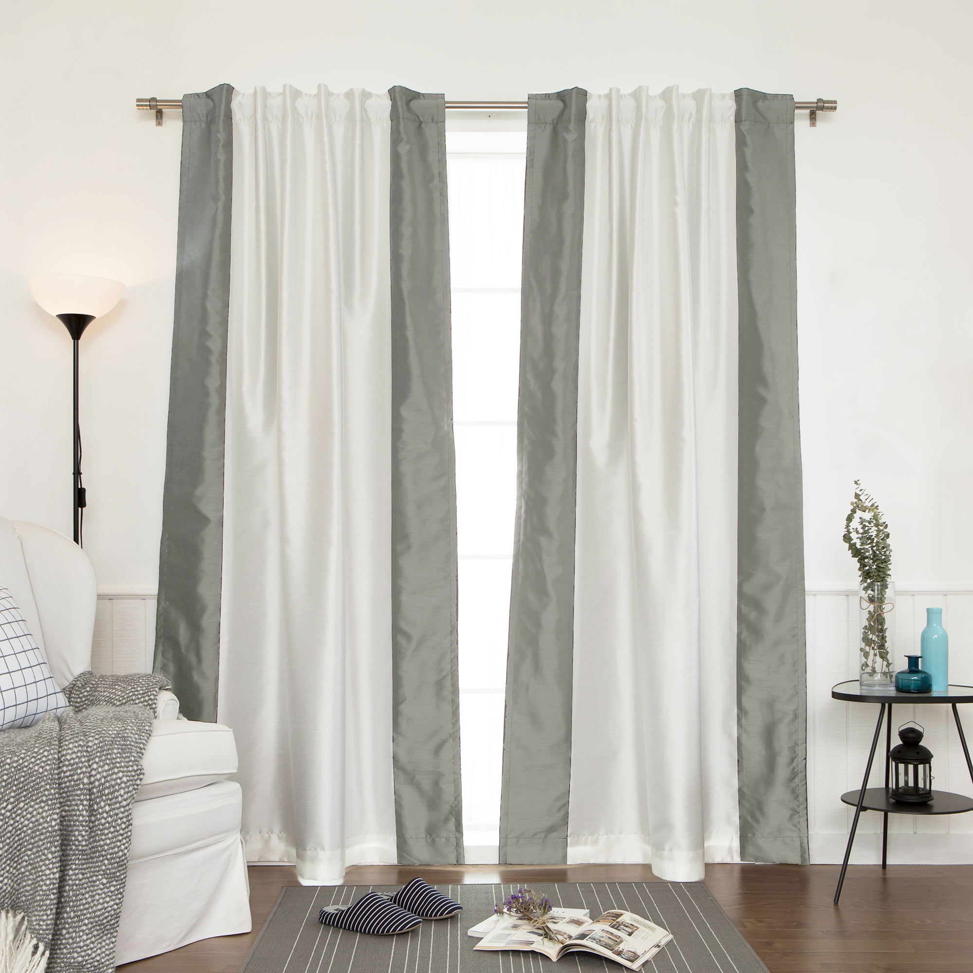 Quality Home Faux Silk Colorblock Blackout Curtain - Ivory/Dark Grey ...