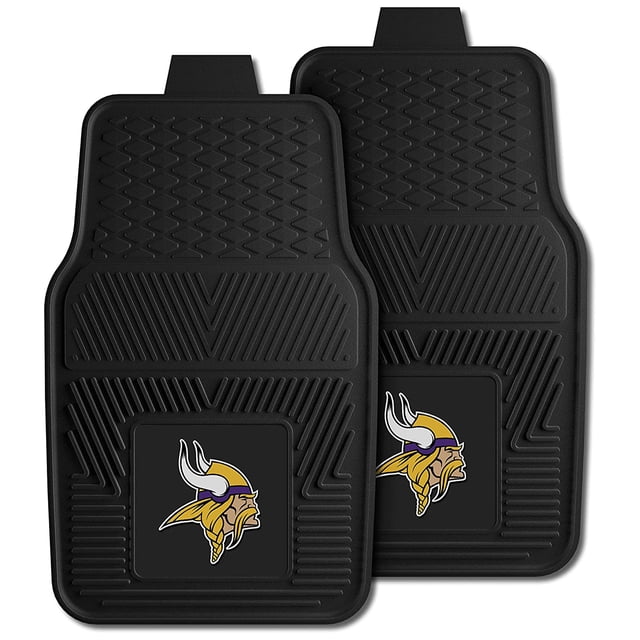 Fanmats 27 x 17-inch vinyl front car floor mat 2-piece set featuring the Minnesota Vikings logo in vibrant team colors. These black heavy-duty mats are designed with jutted ribs for scraping dirt and snow off shoes and deep indent pockets to trap debris and water. Made from 100% durable vinyl, they provide a universal fit for most cars, trucks, and SUVs, ensuring interior protection while showcasing team pride.