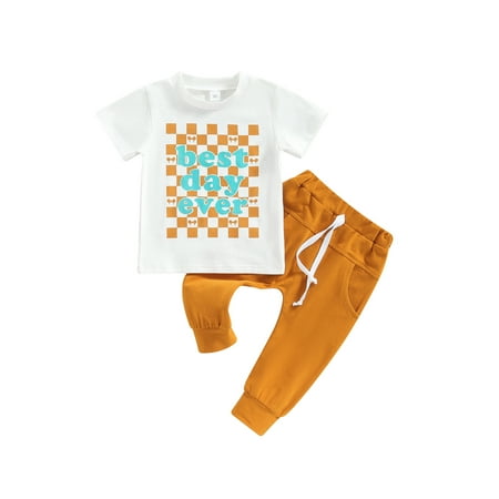 

Bagilaanoe 2pcs Toddler Baby Boys Long Pants Set Letters Checkerboard Print Short Sleeve T-Shirts Tops + Trousers 6M 12M 18M 24M 3T 4T Kids Casual Outfits
