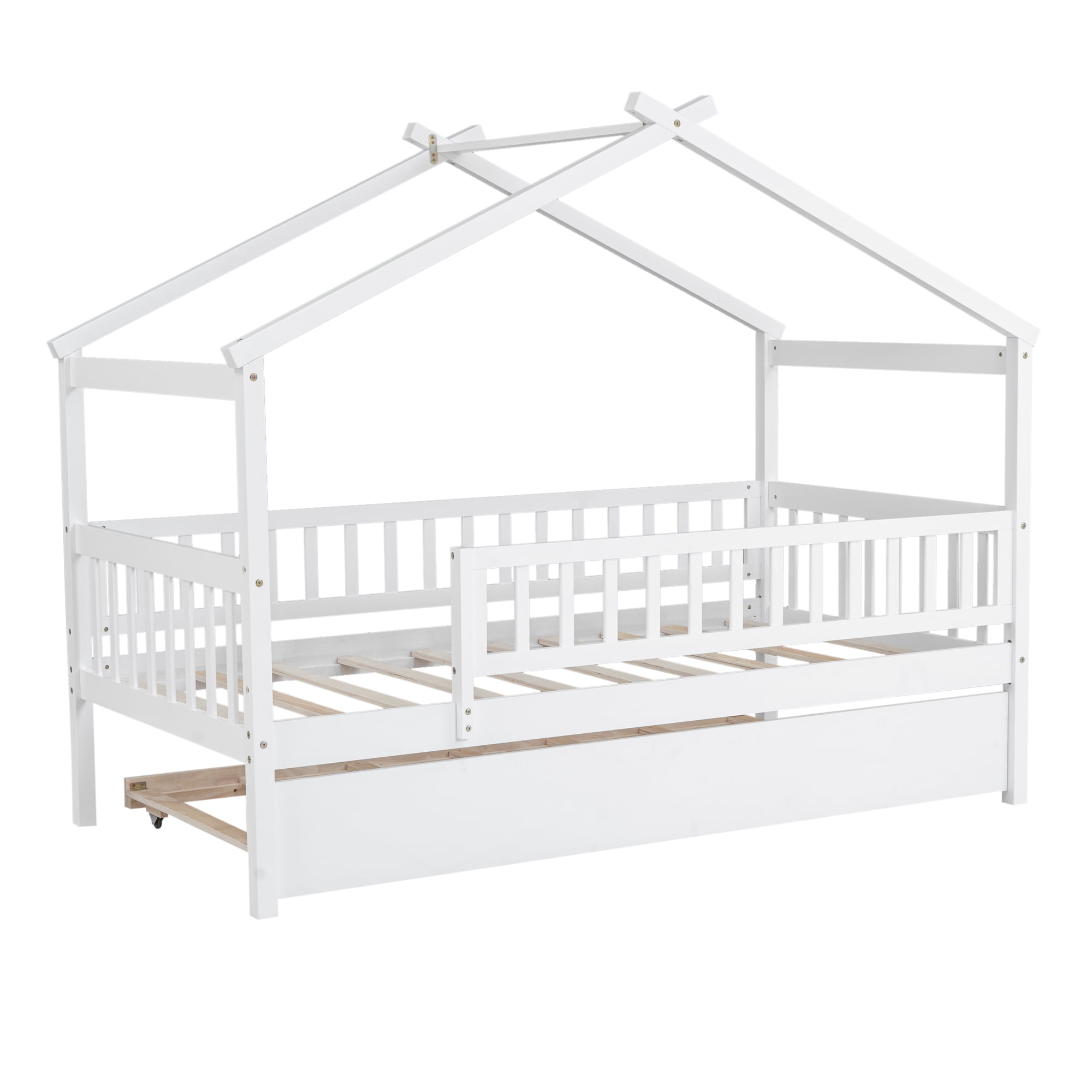 Euroco Twin Size House Bed with Trundle, Canopy Low Profile Bed for Kids, White
