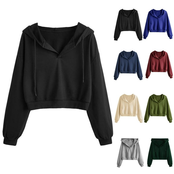 DUMUIELD Women's V Neck Hooded Sweatshirts 2025 Drawstring Long Sleeve Cropped Hoodies Pullover Fall Winter Fashion Clothes