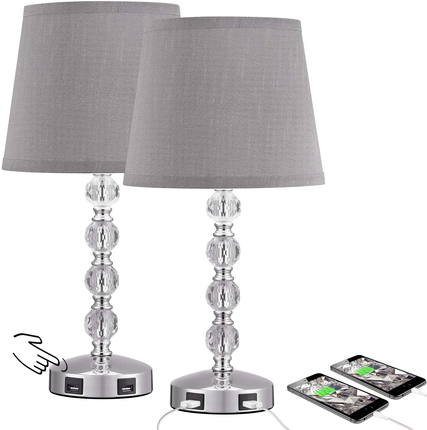 Touch Control 3 Way Dimmable Crystal Table Lamp with 2 USB