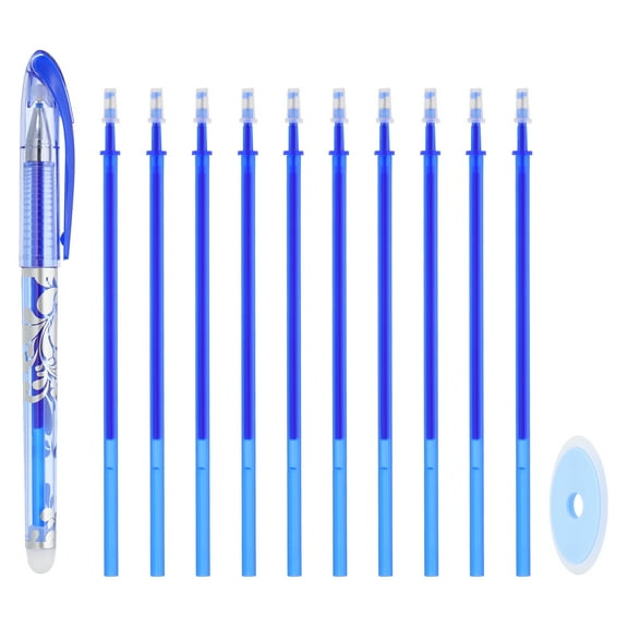 Uxcell Erasable Gel Pens with 10 Refills & 1 Erasers, 0.5mm Heat Erasable Pens for Fabric, Blue Ink