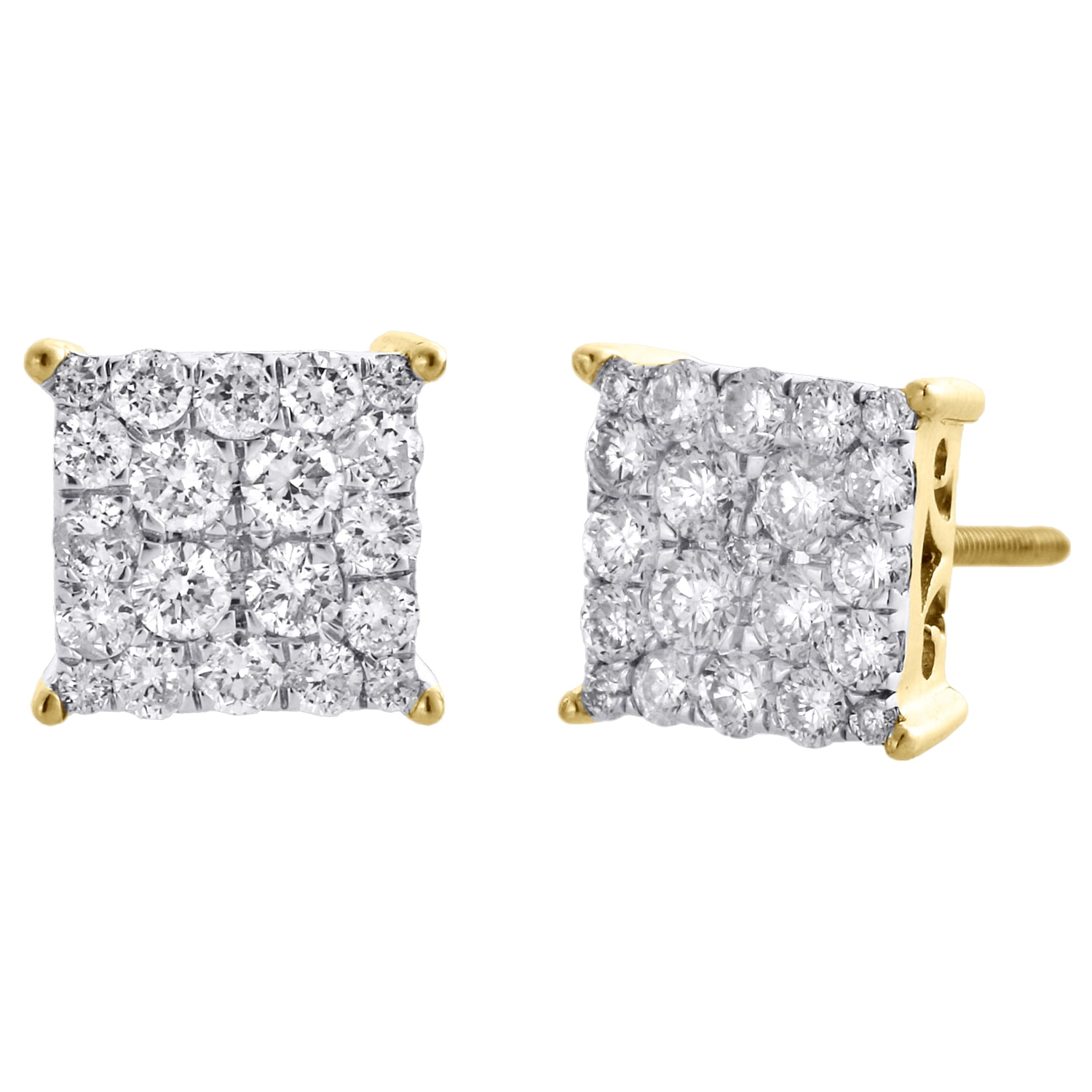 10K Yellow Gold Round Diamond 4 Prong Sqaure Cluster Studs 8mm Earrings ...