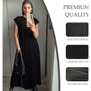 Women's Pleated Church Maxi Dresses Summer Casual Short Sleeve Crew Neck Flowy Loose Long Dresses with Pockets