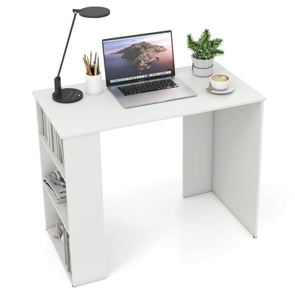 Costway 35.5" Compact PC Laptop Desk Modern Style Office Study Desk with Side Storage Shelf White