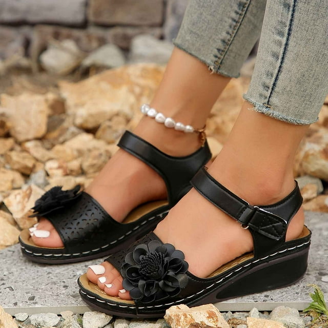 WILLBEST Sandalias Elegantes Para Mujer Para Uso Diario Informal, Diseño De Punta Abierta Con Detalles Recortados, Tacón De Cuña Y Cierre De Velcro Para Atuendos De Verano.