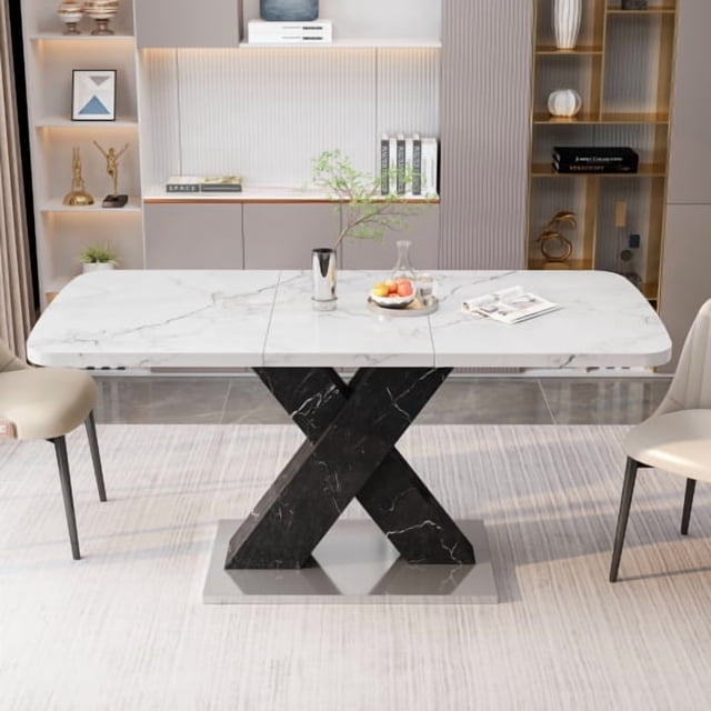 47.24"-62.99"Modern Rectangle Dining Table, Stretchable, Printed White Marble Table Top+MDF Black X-Shape Table Leg with Metal Base