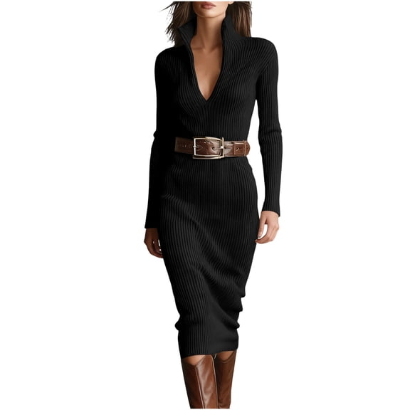Idoravan Womens Knit Dresses Casual Womens Dresses Long Sleeve Fashion Women Winter V-Neck Casual Solid Knit Long Sleeve Mid-Calf Dress