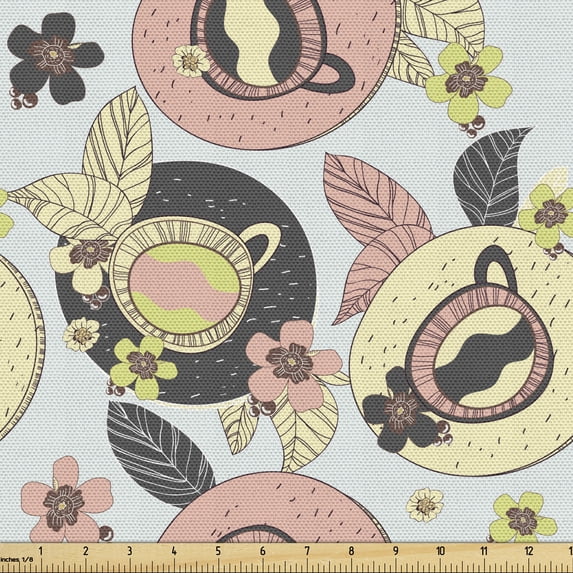 Floral Fabric by the Yard, Drawings of Cups and Flowers English Tea Party Romantic Garden Art, Decorative Upholstery Fabric for Sofas and Home Accents, Cadet Blue Yellow by Ambesonne