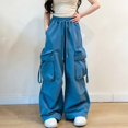 thumbnail image 2 of CPNG Girls Cargo Pants Elastic Waist Wide Leg Cargo Sweatpants Trendy Baggy Casual Lightweight Dance Cargo Trousers with Multi-Pockets, 2 of 7