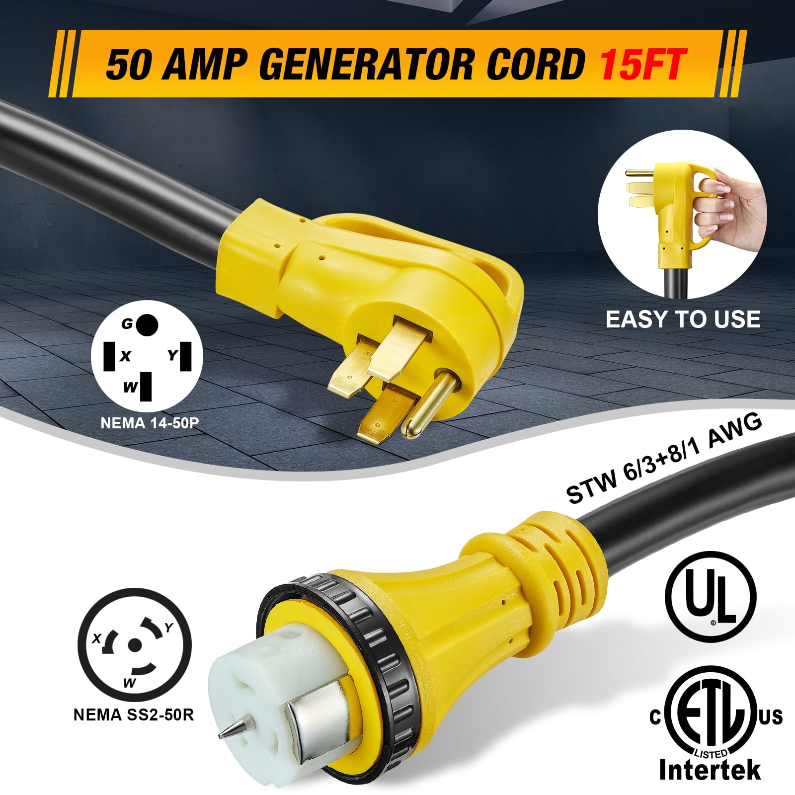 SPEEDWOW 15 FT 50 Amp RV Extension Cord, 125/250V Heavy Duty Extension Cord with Generator Inlet Box, 6/3+8/1 Gauge STW ETL Listed, NEMA 14-50P to SS2-50R, Waterproof Power Cord for RV Outdoor Home