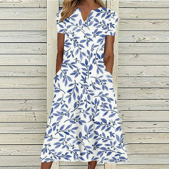 DailyTrove Women's Floral Print V-Neck Maxi Dress, Short Sleeve, Casual Garden & Resort Wear, Lightweight Cotton Blend, Ruffled Hem