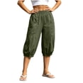 thumbnail image 5 of Women's Solid Color High Waist Pleated Elastic Waist Pants with Pockets, Casual Wide Leg Dressy Trousers for Office Work Beach, Stretchy Long Pants | UKHCCC,Army Green L, 5 of 9