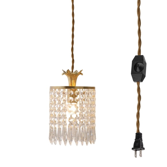 FSLiving Hanging Swag Lamp no Wiring Needed Portable Pendant Light with 15ft Plug-in UL Dimmable Cord French Brass Finished E26 Crown Socket Retro Transparency Natural Crystal Lamp Hanging Lamp