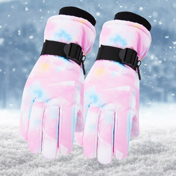 Piuwrlz Teen Winter Skiing Set Girls Boys Warm Glove Printed Plush Windproof Gloves Pink Size 9 Years