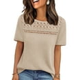 thumbnail image 2 of VEKDONE Womens Waffle Knit Tops Casual Short Sleeve Crewneck Hollow out Shirts Solid Color Crochet Lace Blouse Summer Loose Fit Breathable Pullover Top Beige XL, 2 of 5