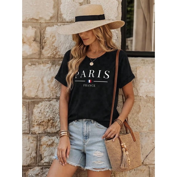 【New Arrival】Paris France French Flag Letter Graphic T-Shirt, Women Minimal Travel Casual Short Sleeve Tee
