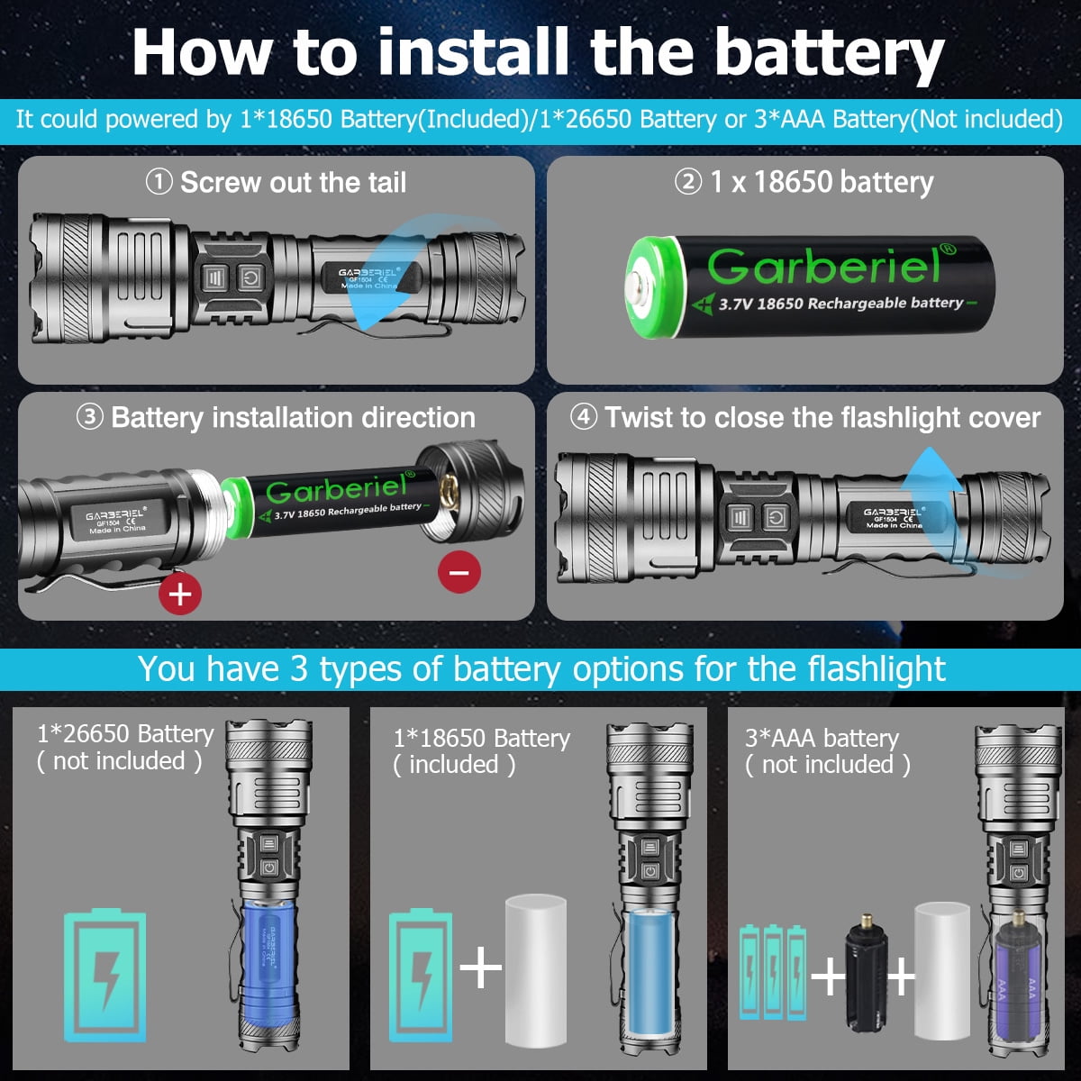 1pc Ultra-Bright 30W Rechargeable LED Flashlight with Adjustable Focus, 5 Lighting Modes with 26650 Battery & Power Bank for Camping, Hiking, Emergencies, Outdoor
