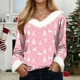 thumbnail image 2 of larppty Women's Faux Fur Trim V-Neck Sweater | Festive Christmas Graphic Long Sleeve Holiday Top (Pink, L), 2 of 5