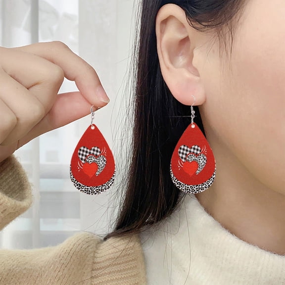 HongHeng 1 Pair Heart Leather Earrings for Women Wedding Lightweight Teardrop Dangle Heart Valentines Day Gift