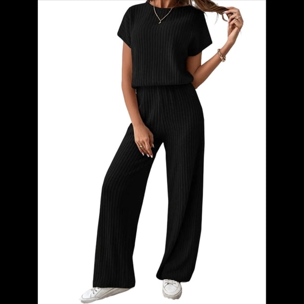 Traje Informal de Dos Piezas para Mujer, para Viajes y Vacaciones de Verano, con Corta y Pantalones Anchos. Negro XL