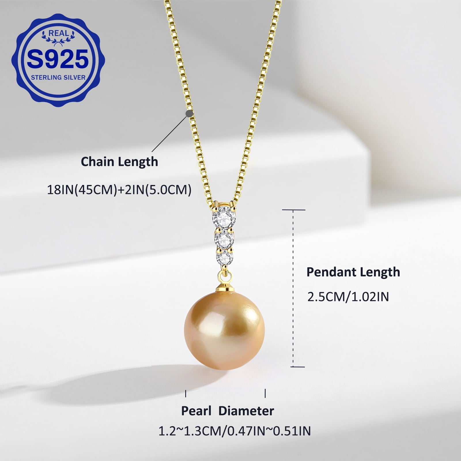 Yami 11-12mm Golden Pearl Pendant Necklace Saltwater Cultured Round Pearls in 925 Sterling Silver, 18+2in Adjustable Length Mother' Day Gift for Her