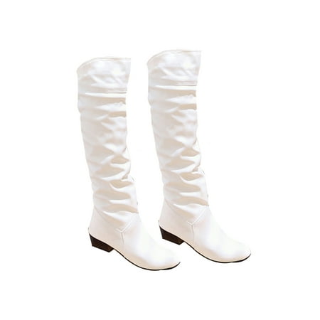 

Avamo Ladies Fashion Retro Knee High Boots Chunky Walking Casual Pull On Shoes White 4.5
