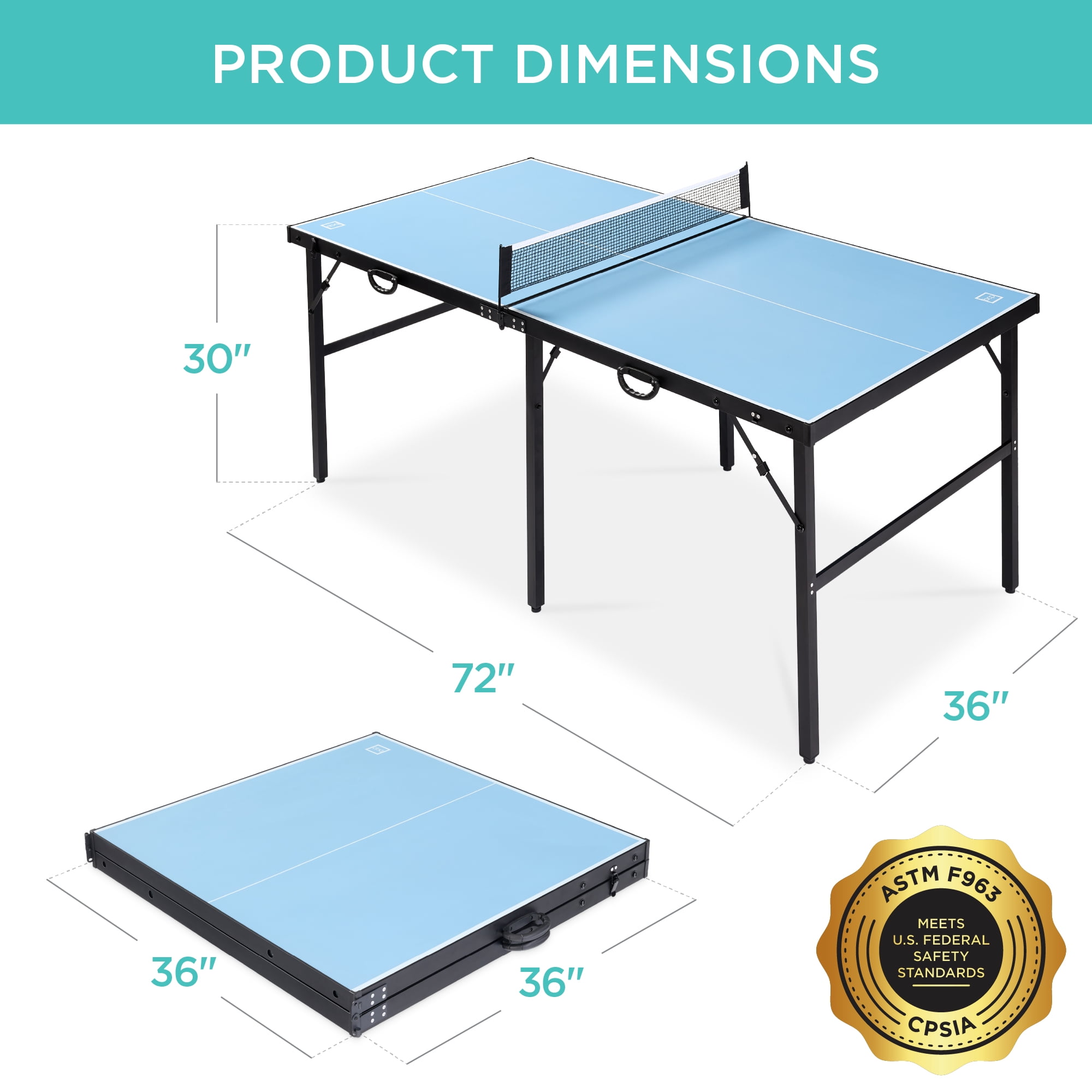 Best Choice Products 6x3 Foot Portable Ping Pong Table, Folding Mid-Size Indoor Outdoor Table Tennis Set - Light Blue