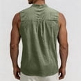 thumbnail image 4 of Men's Stand Collar Button Linen Tank Top Sleeveless Vest Henley T-Shirt Summer Breathable Tee Base Tops Army Green-A, 4 of 9