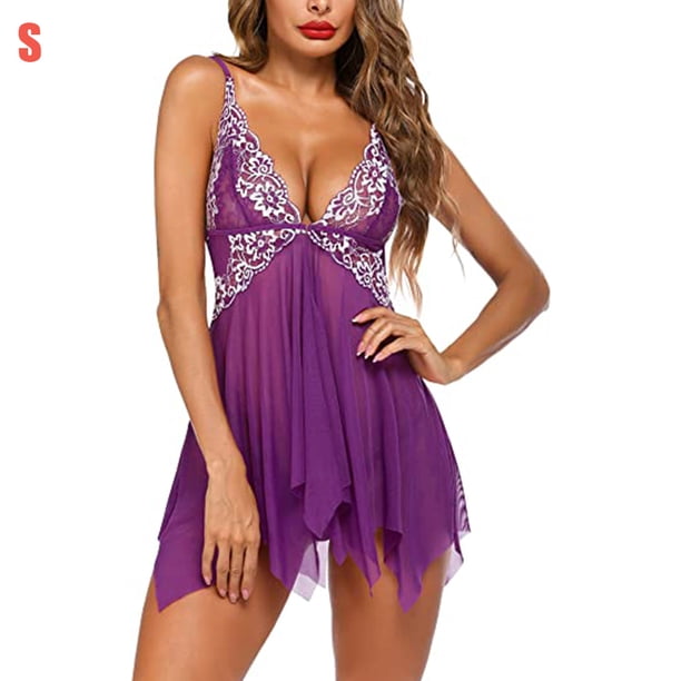 Camisón de perspectiva de vestido de ropa de dormir de encaje floral sexy para mujer, púrpura, S Inevent XX000215-05