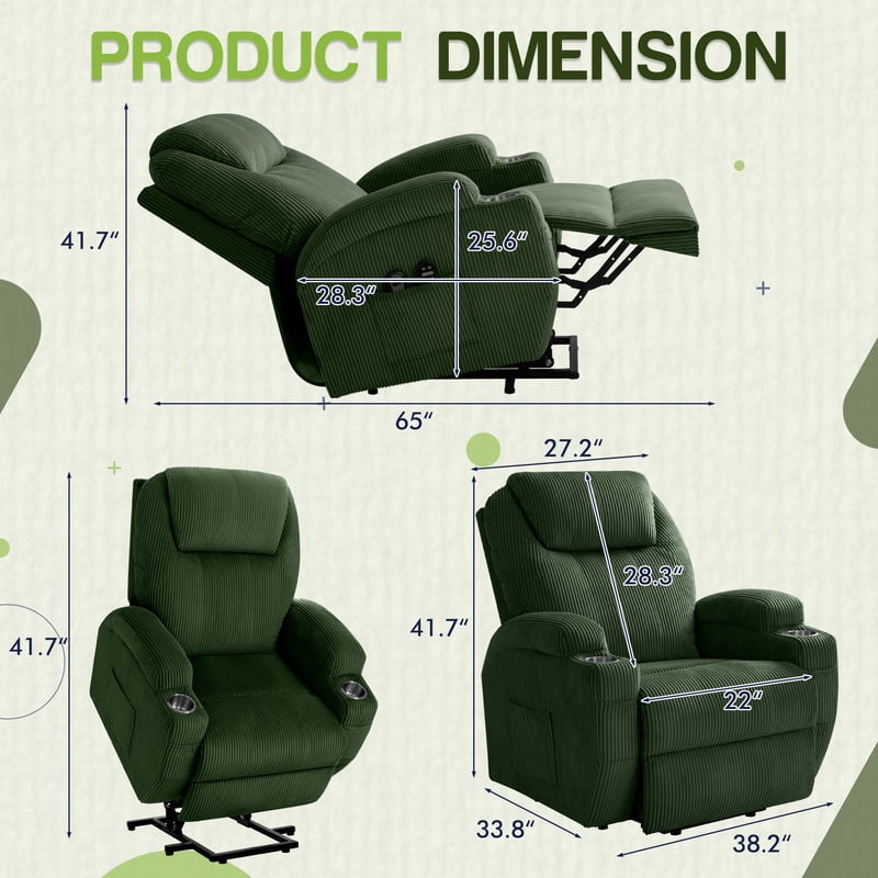 Furmax Electric Power Lift Recliner Soft Corduroy Chair Sofa with with 8 Vibrating Massages Ergonomic Lounge Chair with 2 Cup Holders and Side Pocket,Green
