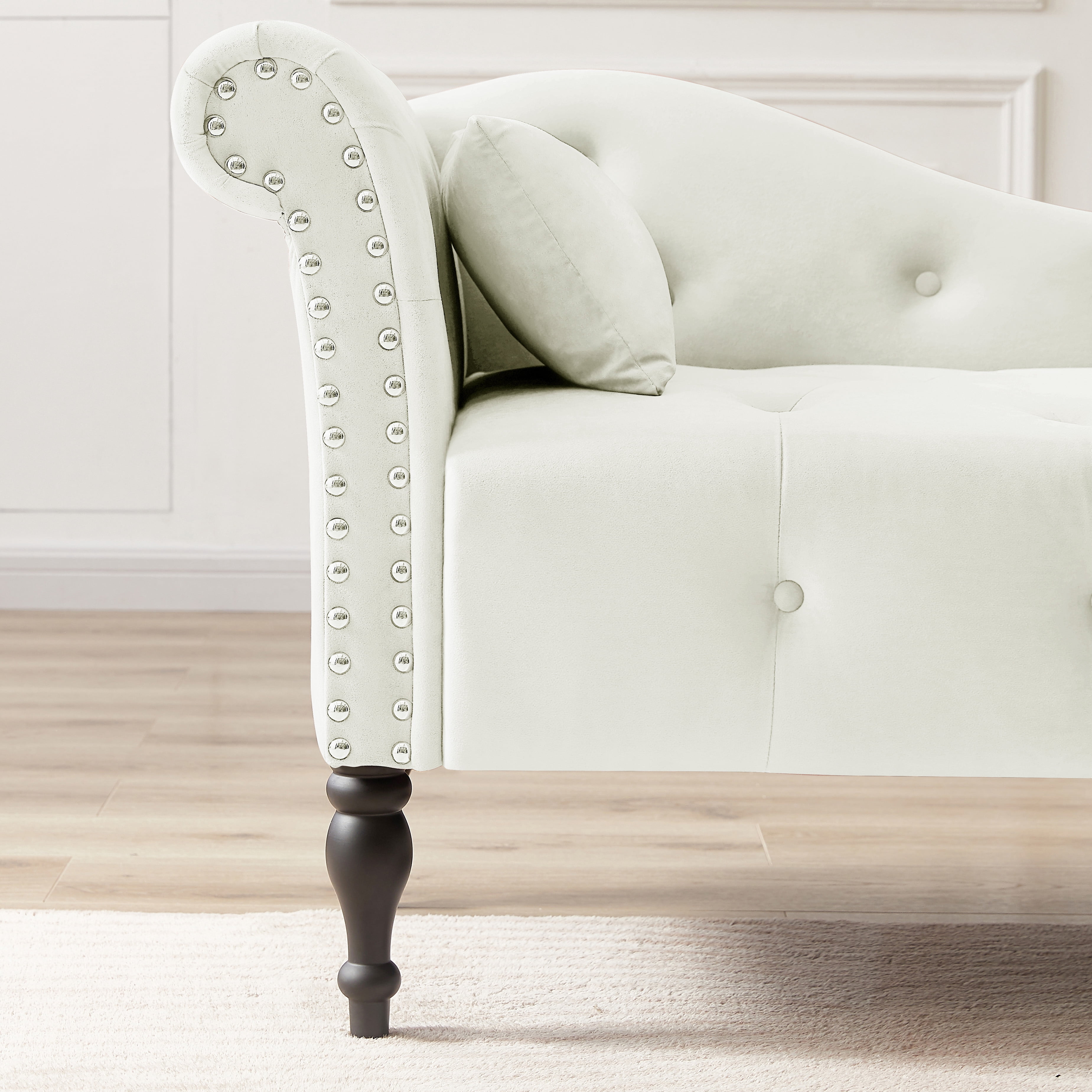 Miniyam Velvet Chaise Lounge, Tufted Accent Chaise Chair with Pillow for Living Room Bedroom, White