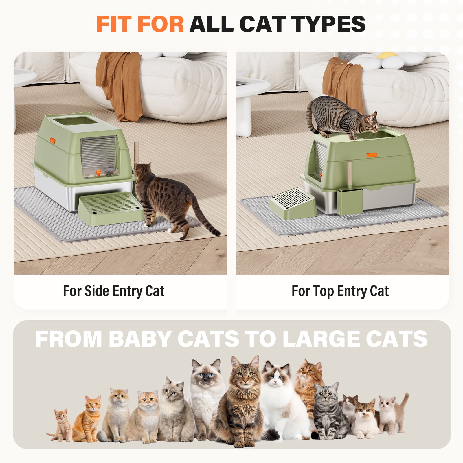 Removable Stainless Steel Cat Litter Box with lid, Front & Top Entry Kitty LitterBox，Cat Litter Box Enclosure, XL Extra Large High-Sided Metal Cat Box with Scoop,Mat,Footboard (Green)