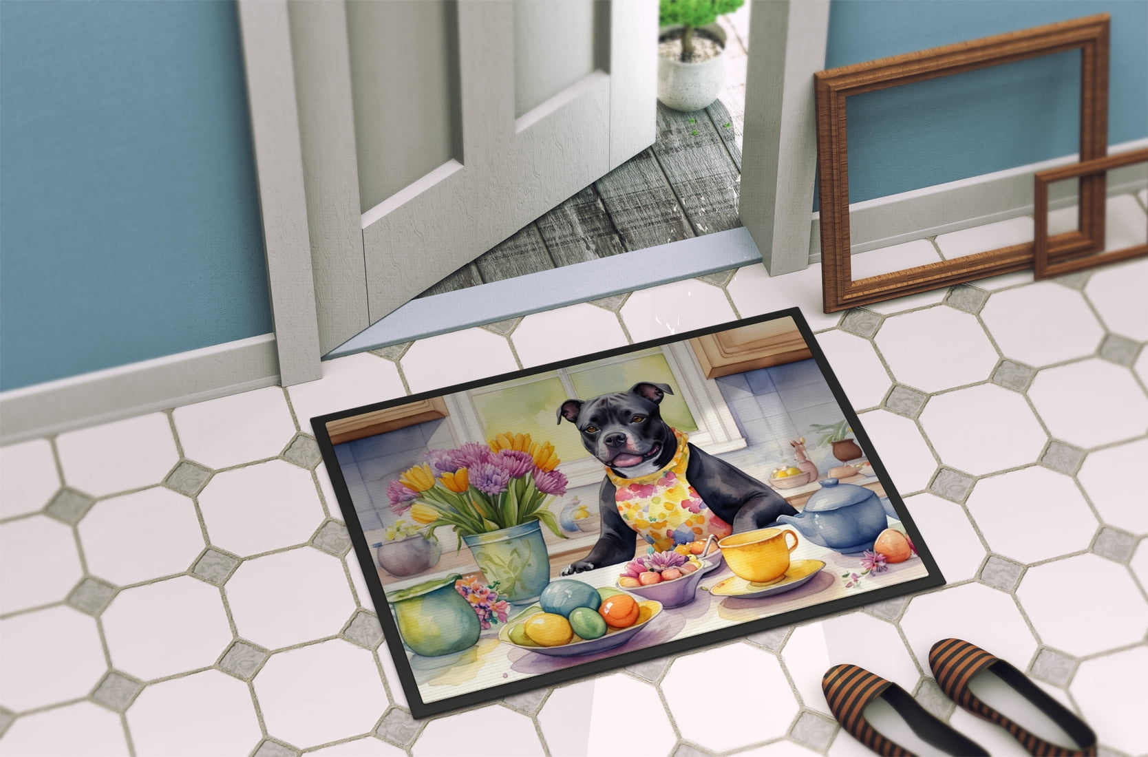 Carolines Treasures DAC6909MAT 18 x 27 in. Decorating Easter Staffordshire Bull Terrier Doormat