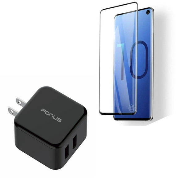 Galaxy S10  Tempered Glass Screen Protector w 30W Fast Home Charger - [Fingerprint Works] 3D Curved Edge Full Cover, 2-Port USB Quick Charge Port Travel for Samsung Galaxy S10
