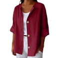 thumbnail image 2 of Nooxsoe Women's Cotton Linen Button Down Shirt Half Sleeve V Neck Button Down Blouse Linen Shirts for Women Womens Linen Shirt Womens Short Sleeve Tops Red 5XL, 2 of 9