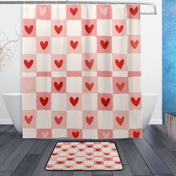 TTYFWHD 60" x 72" Shower Curtain and Bath Mat Set Love in Every Square Waterproof Bathroom Curtain with 12 Hooks, Bathroom Decor Set