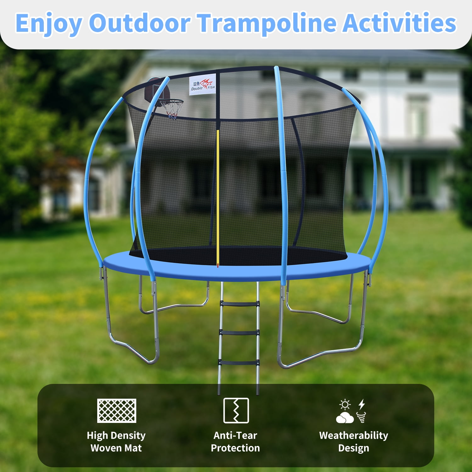 Double Fish 10ft Trampoline with Enclosure Safety Net Jumping Fun Trampoline Heavy-duty Jump Pads with Basketball Hoop, Spring-loaded for Kids and Adults