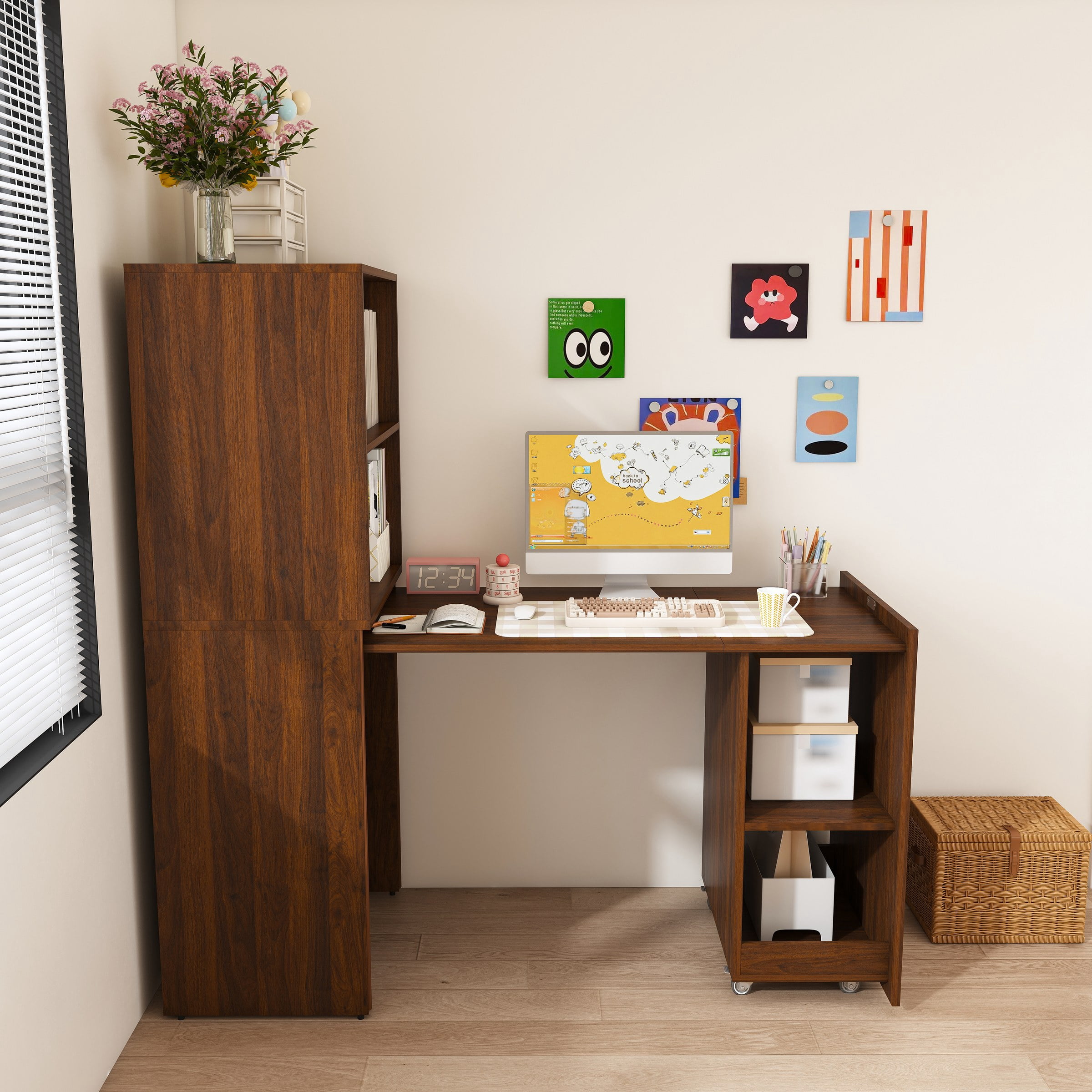 Stretchable Desk, Office Desk With Storage Shelves And Mobile Wheels, Foldable Desk Suitable For Small Apartments And Offices