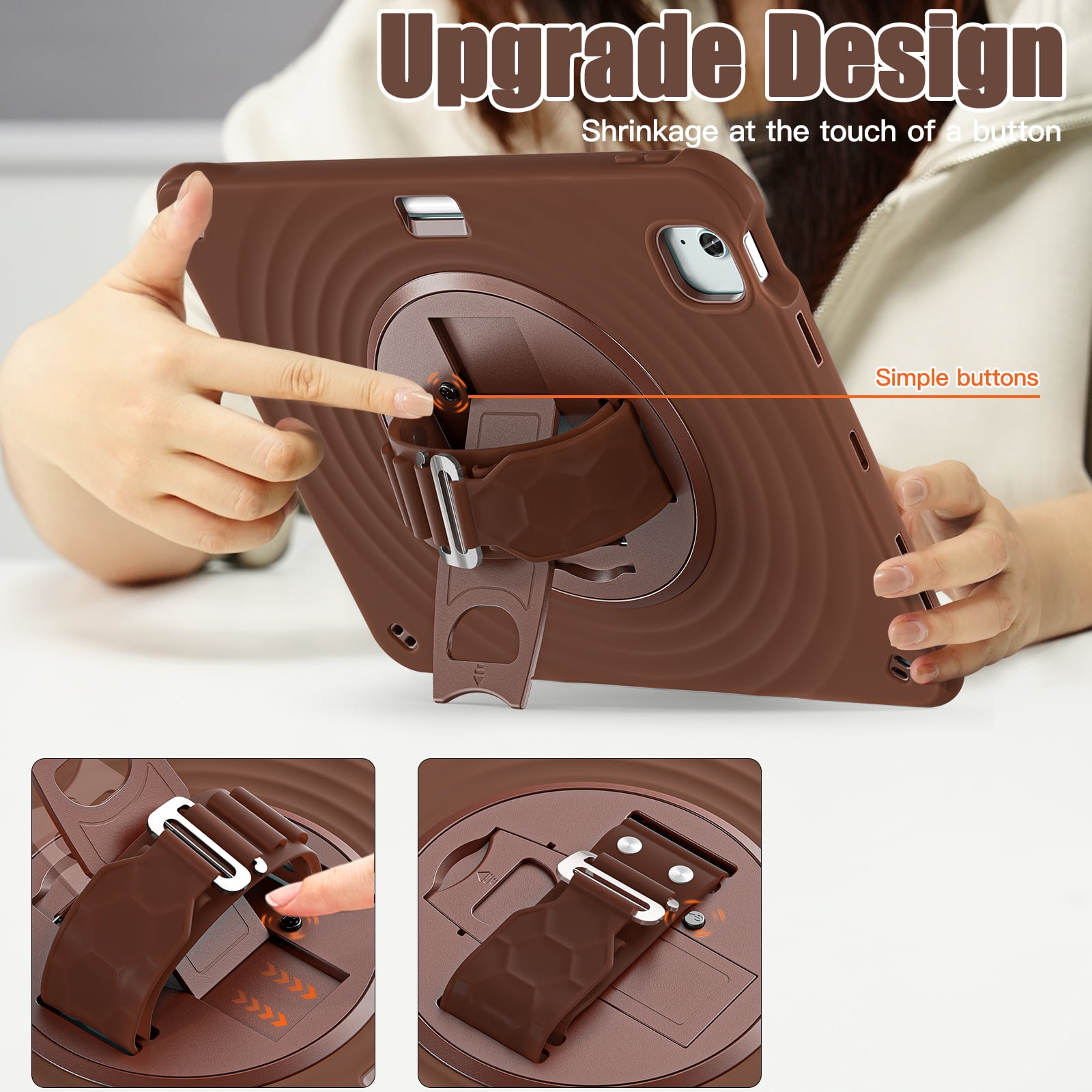 for iPad Air 13" 2025/2024 Case, Durable Sturdy Protection Case with Rotation Stand, Portable Hand Strap and Shoulder Strap Pencil Holder, Heavy Duty Shockproof Anti-Drop Cover, Chocolate