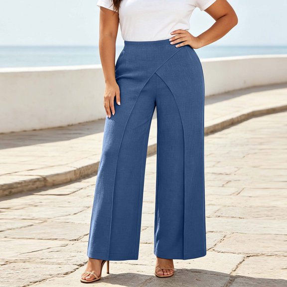 hlysgo Women's Wide Leg Pants Elegant High Waisted Asymmetrical Pant Business Casual Dress Trousers with Pockets Navy,2xL