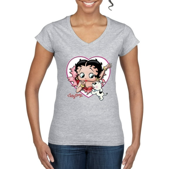 Wild Bobby Betty Boop Heart Blowing Kiss Dog Betty Boop Women’s Standard V-Neck Tee, Heather Grey, Small
